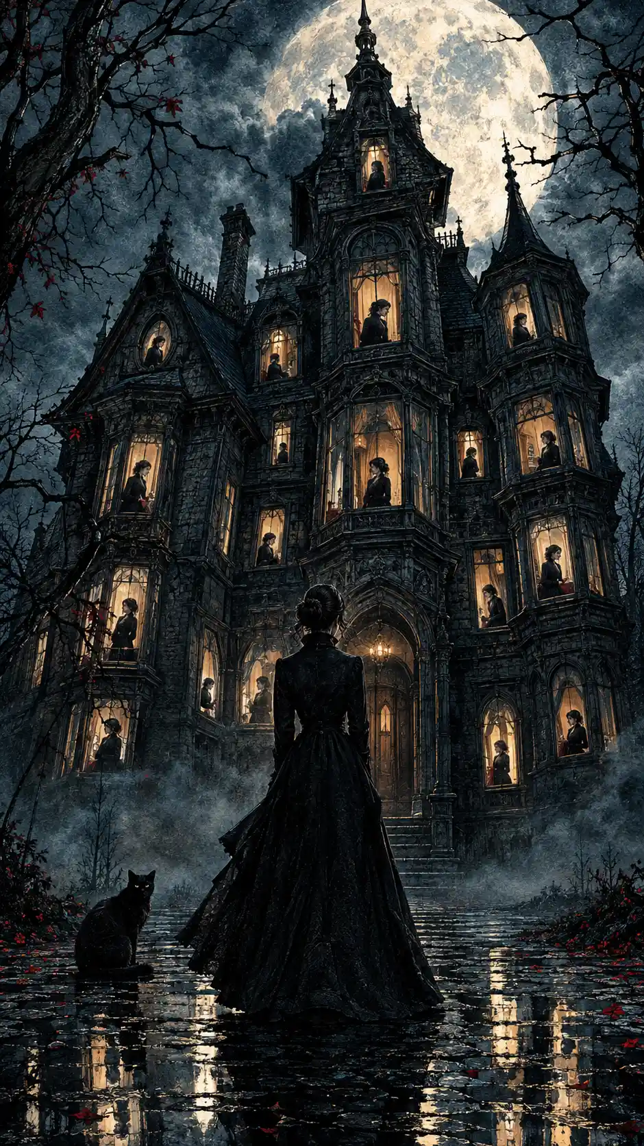 A woman stands before an abandoned Victorian mansion beneath a clouded moon