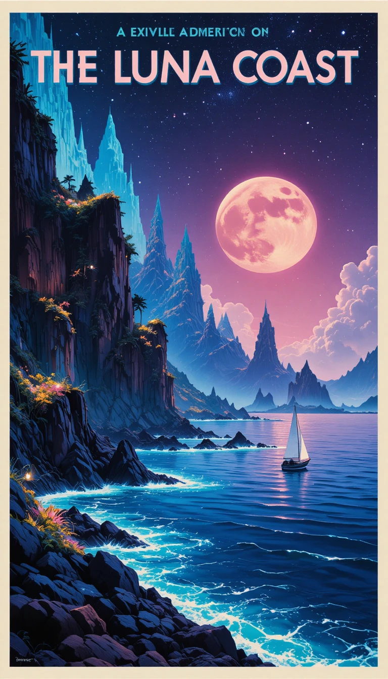Un cartel de viaje vintage muestra una costa luminosa y un velero a lo lejos