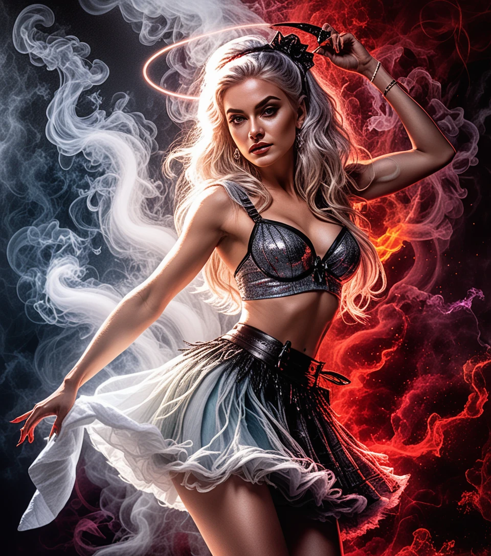 A blonde cartoon woman poses in a pleated skirt with Y2K flair