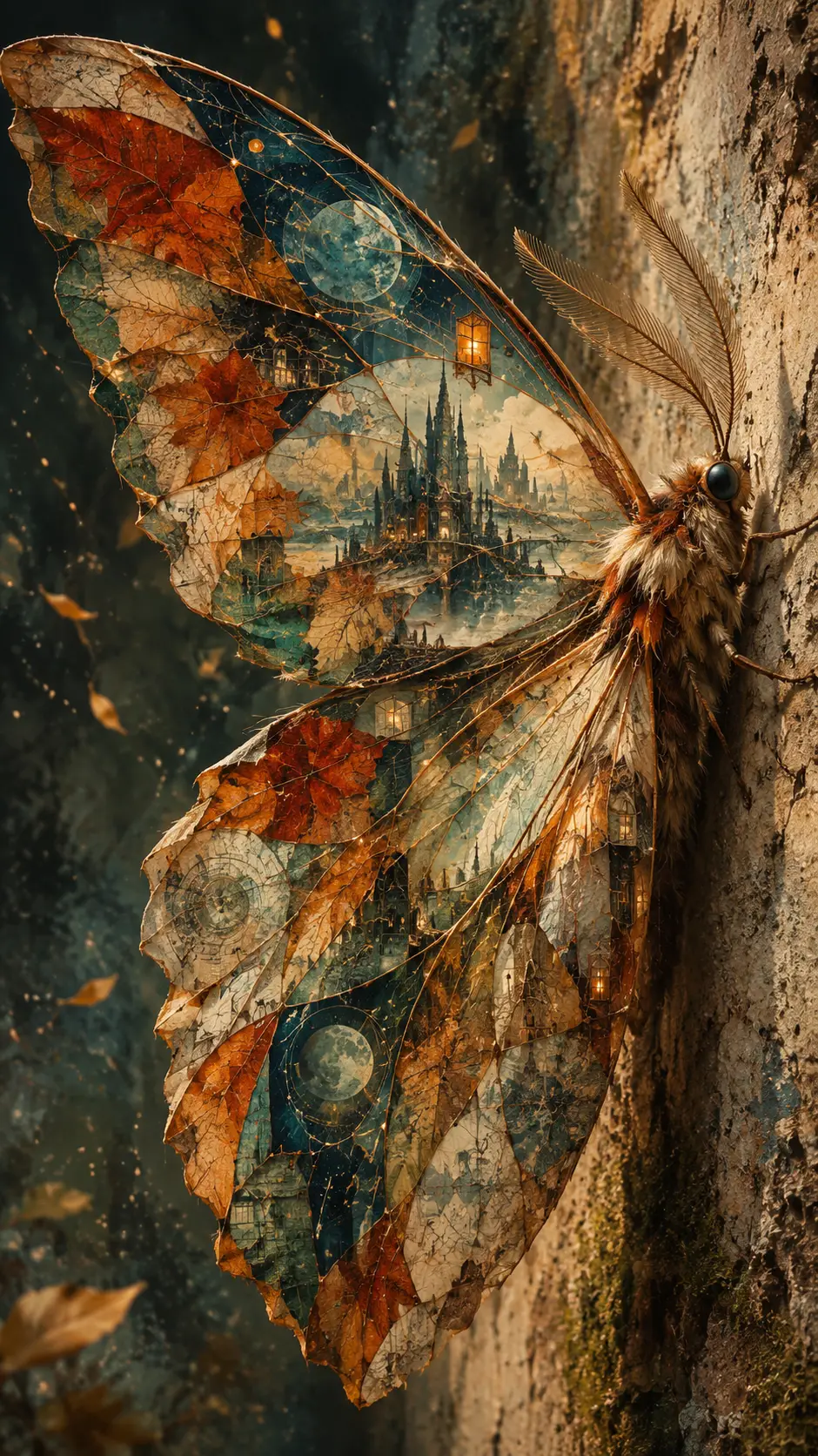 Uma mariposa surreal pousada junto a uma parede desgastada, com asas translúcidas
