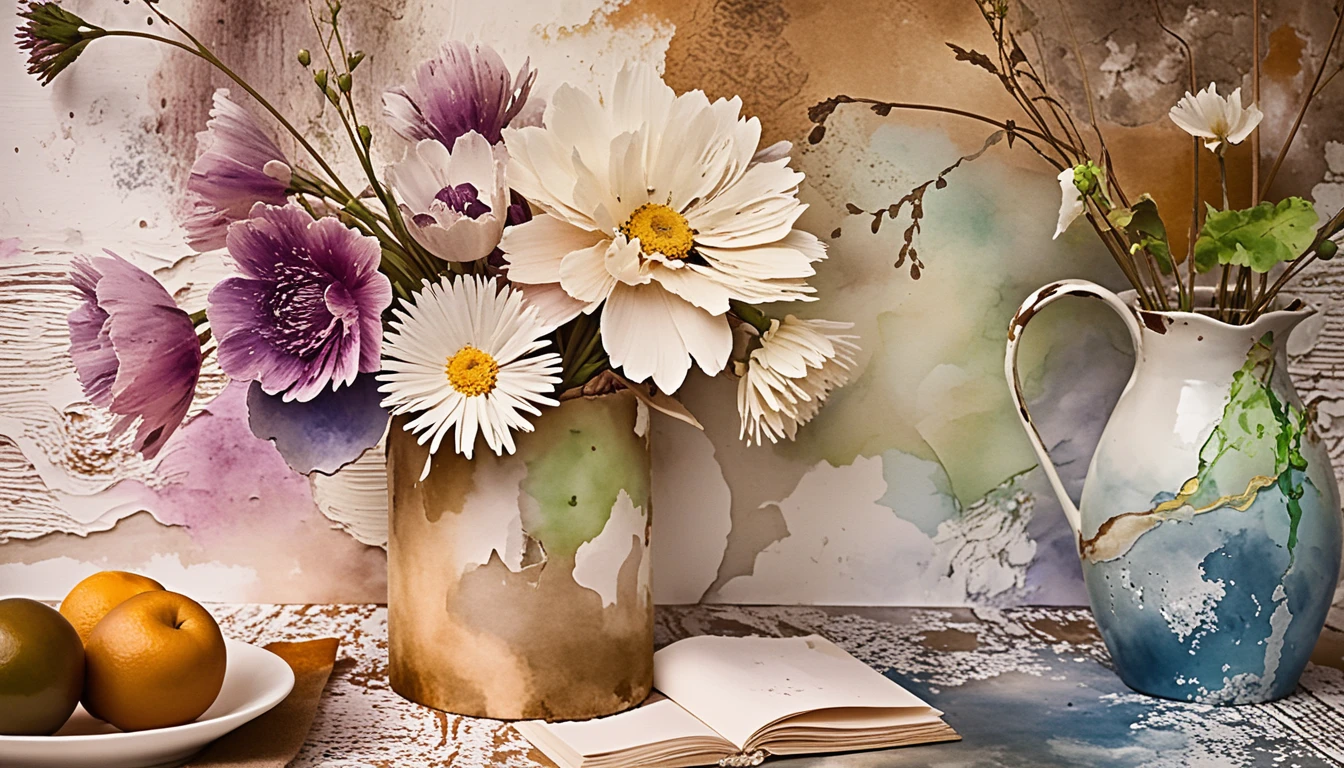 Contemporary impasto still life of flowers and keepsakes