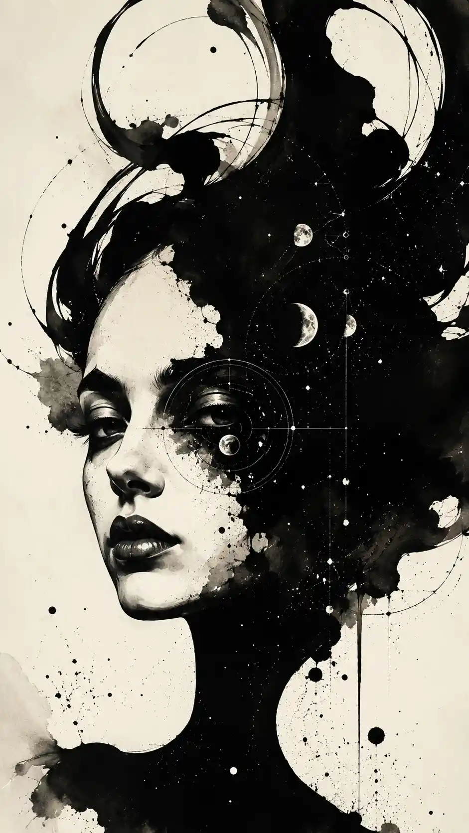 Surreal woman portrait emerging from sweeping black ink and celestial diagrams