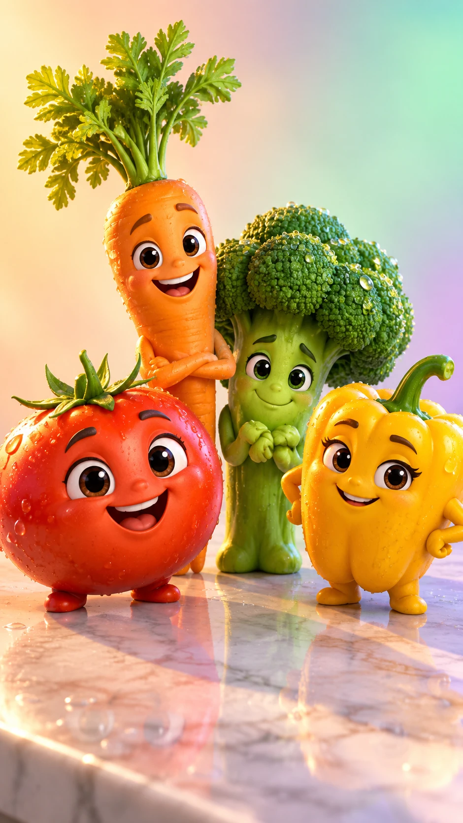 Four smiling vegetable characters gather on a white marble countertop