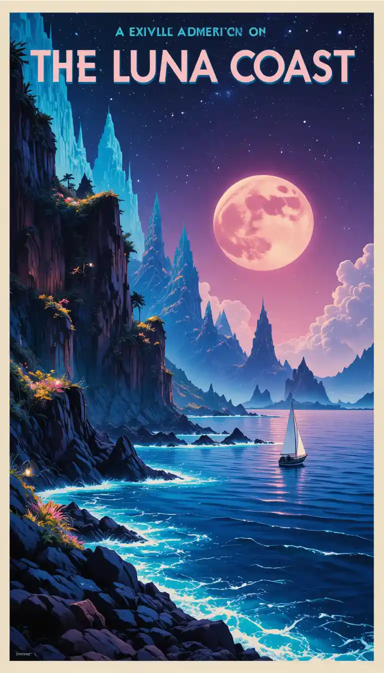 Un cartel de viaje vintage muestra una costa luminosa y un velero a lo lejos