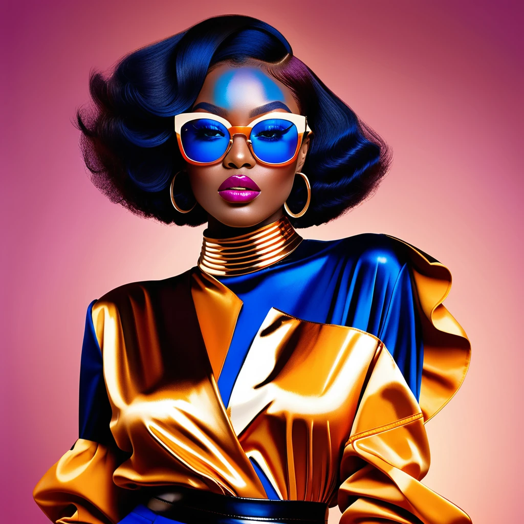 Fashionable Black woman adjusts her glasses against a pink backdrop