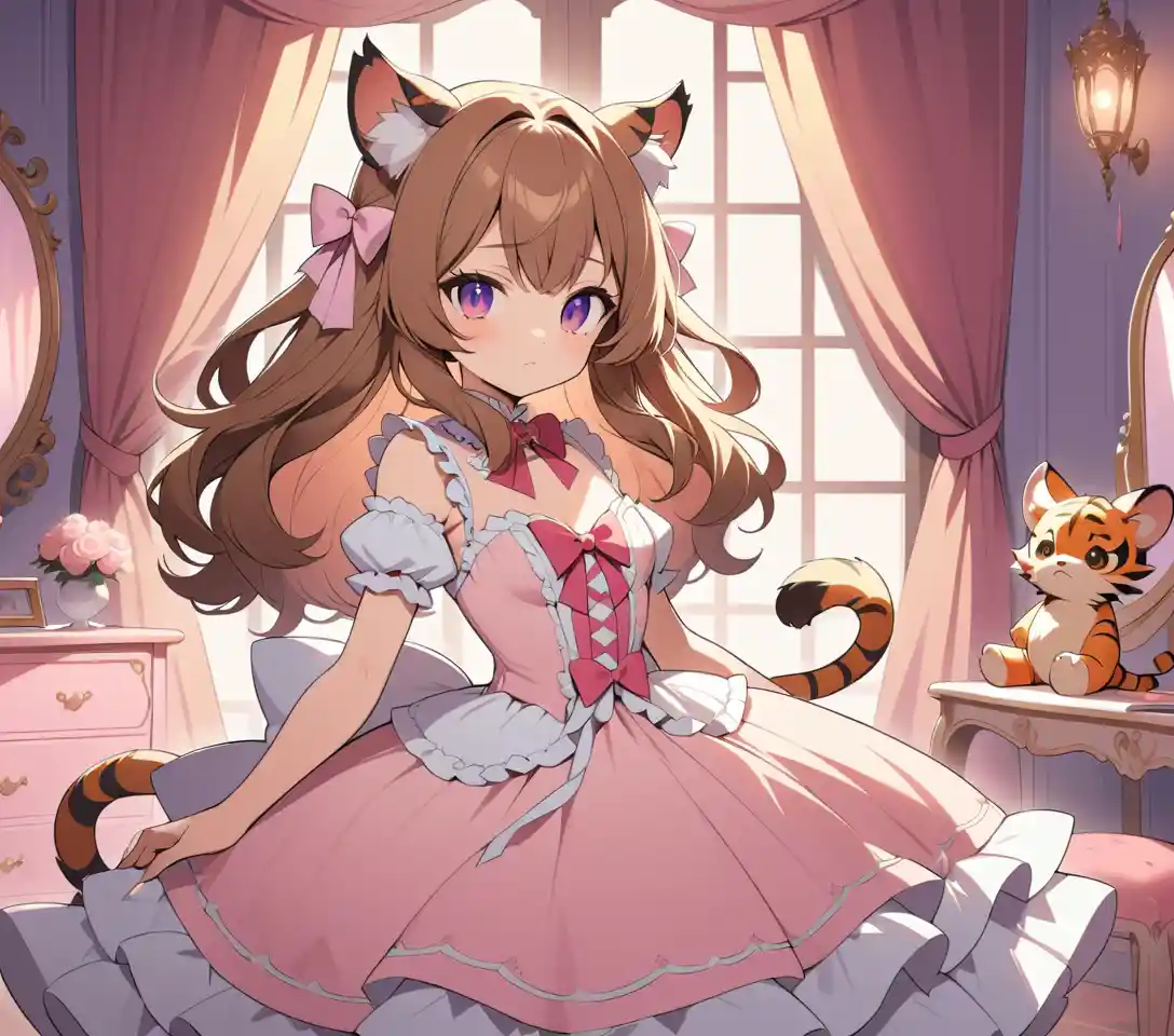 Tiger-eared anime woman poses in a pastel lolita dress in a rococo bedroom