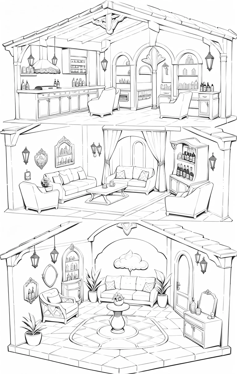 A luxurious cloud palace diorama reveals a furnished two story interior and exterior
