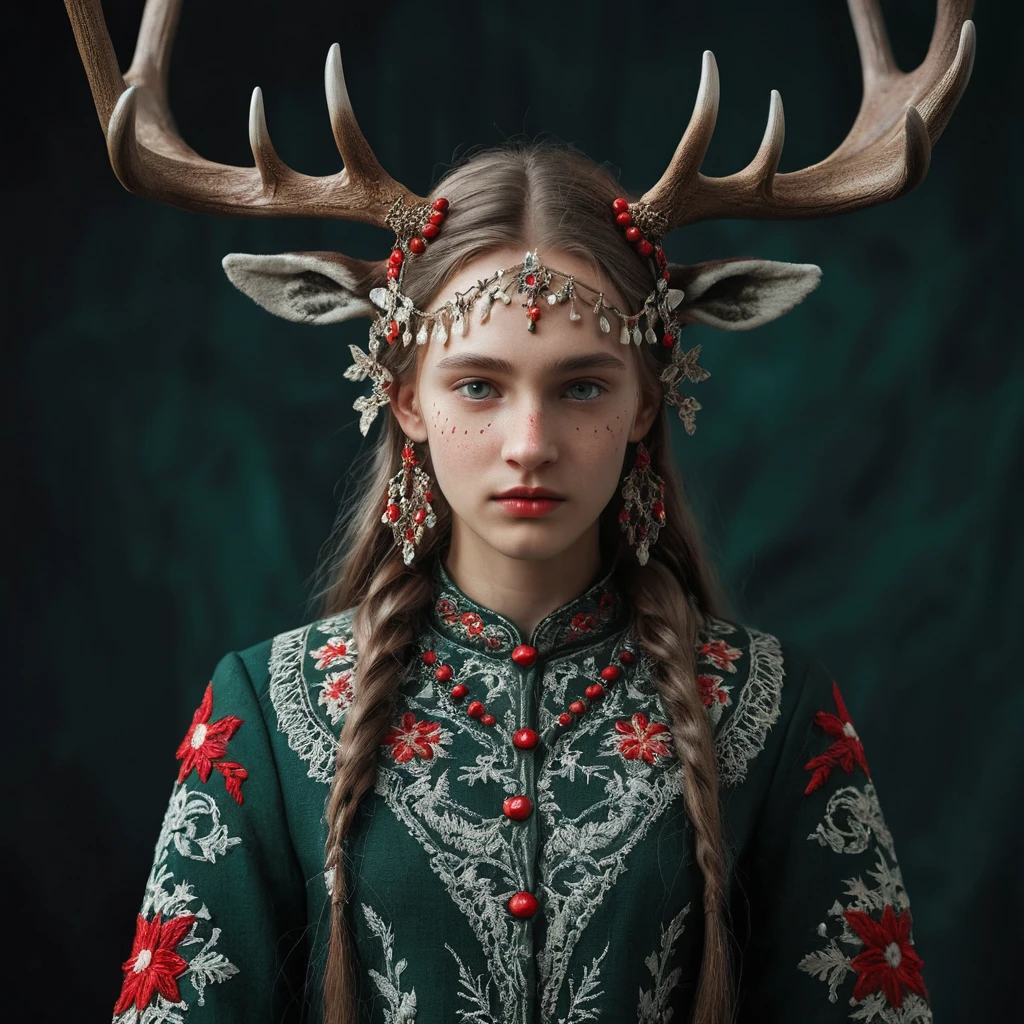 A fantasy girl with moose horns leans against an ancient oak tree