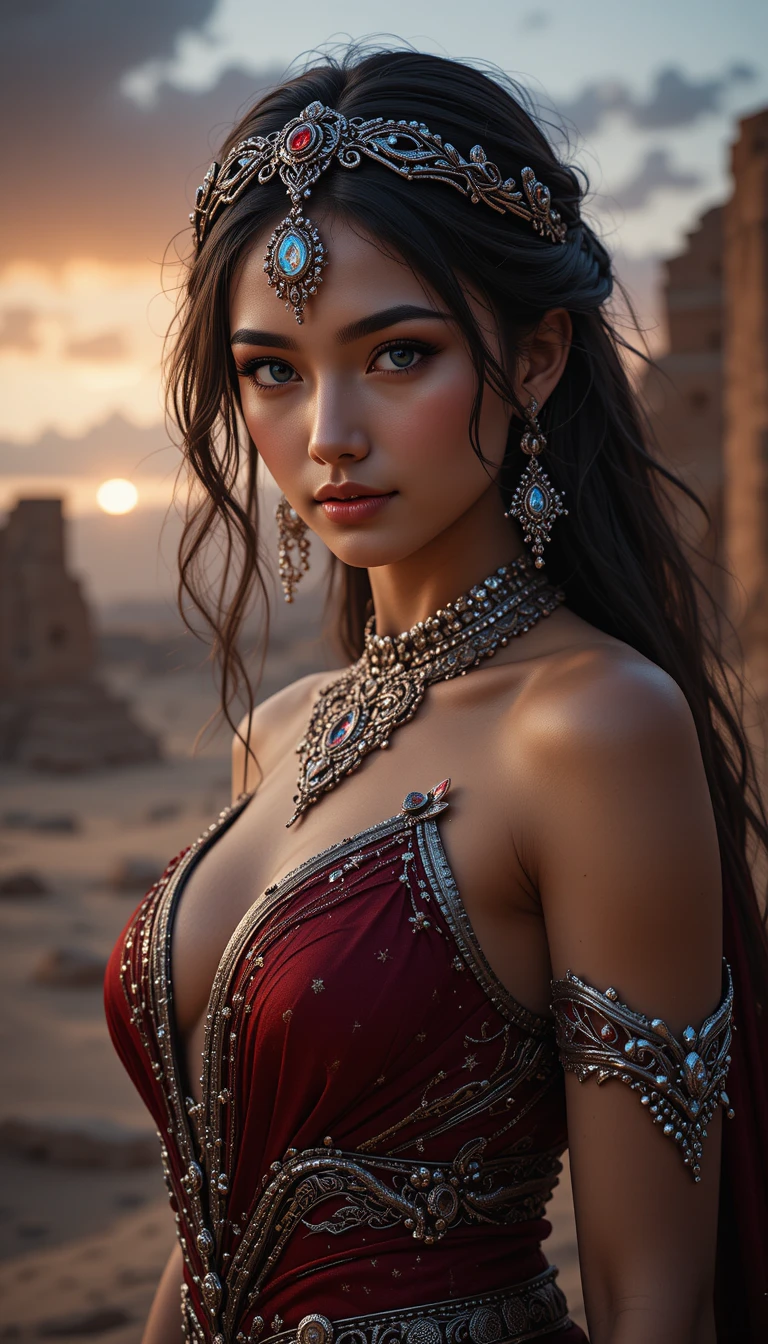 An Arabian princess in crimson and silver attire amid twilight desert ruins