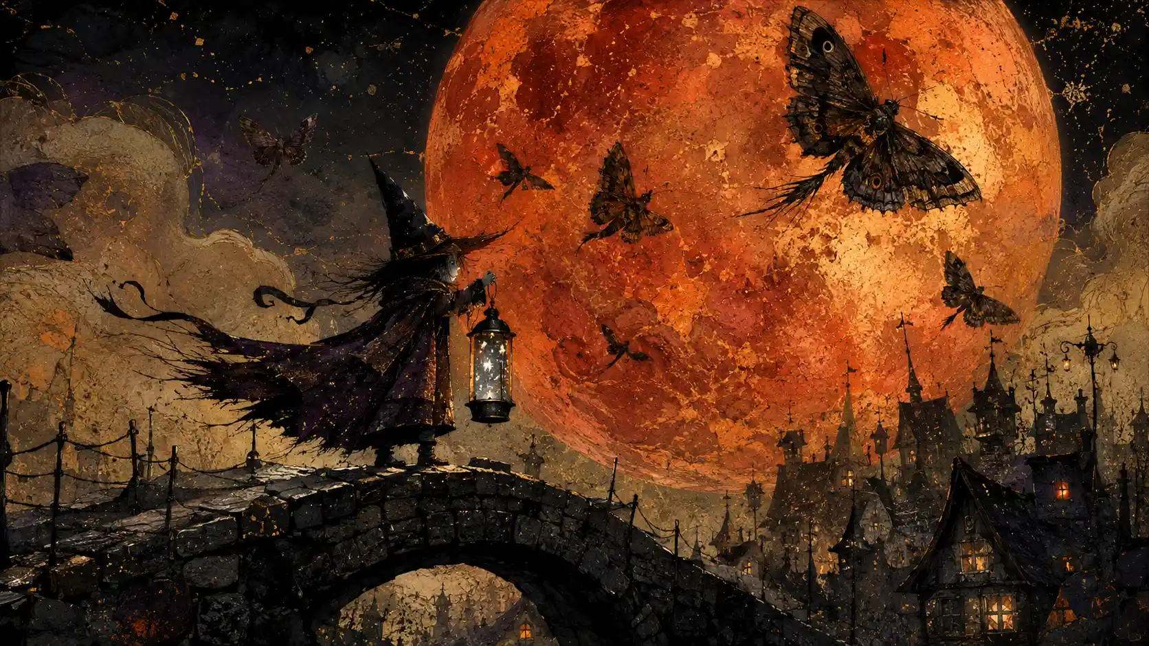 Un minuscolo guardiano della Luna è in piedi su un ponte storto sotto una Luna splendente