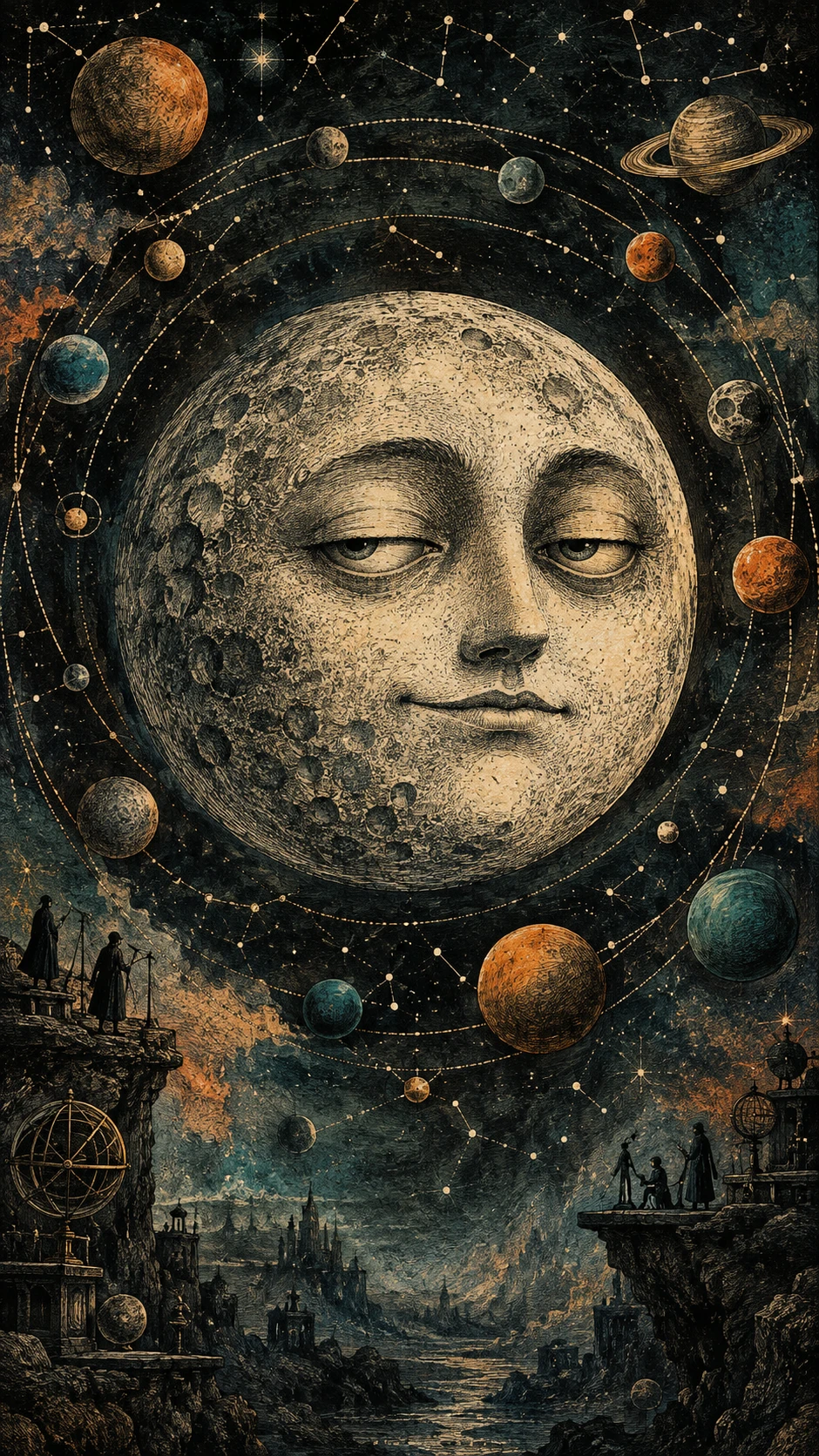 An Unimpressed Anthropomorphic Moon Floats Among Miniature Planets in Darkness