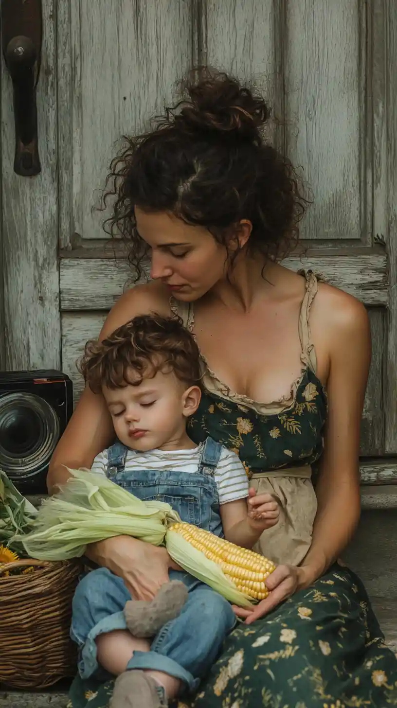 A Mother Peels Corn Beside Her Sleeping Son on Stone Steps