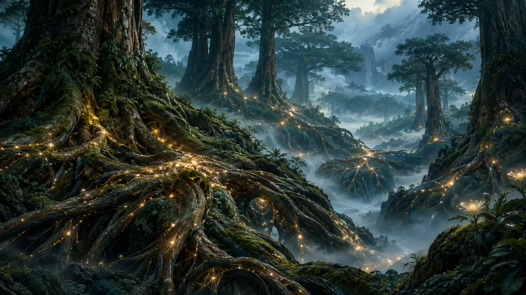 Ancient trees rise above a misty valley with luminous roots