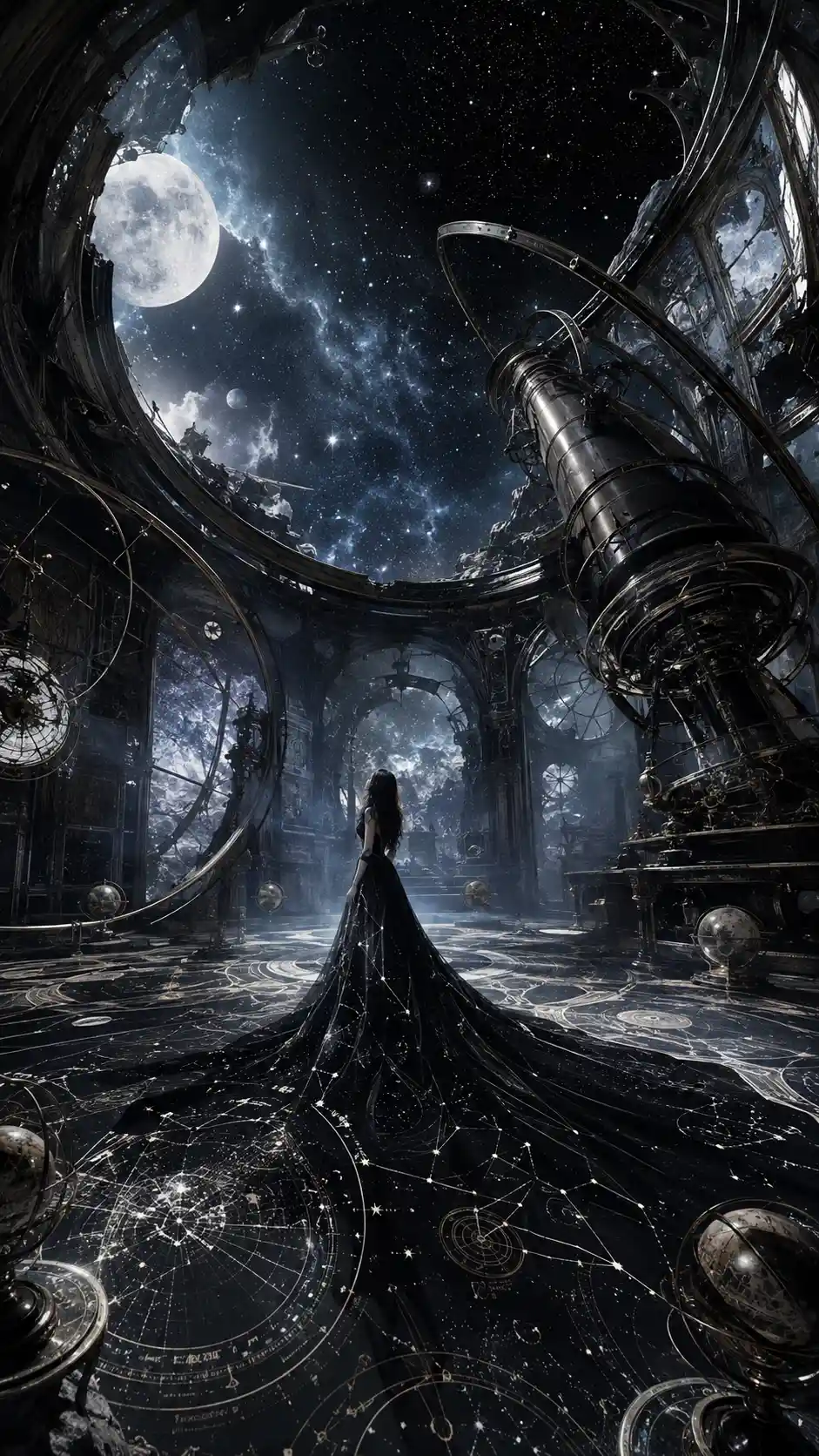 A woman stands beneath the open cosmos in an abandoned observatory