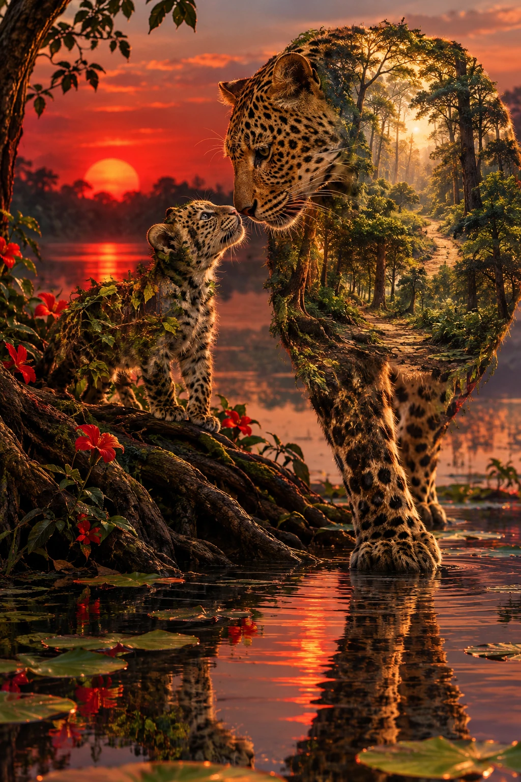 Um leopardo e a sua cria passeiam tranquilamente junto a um lago na floresta