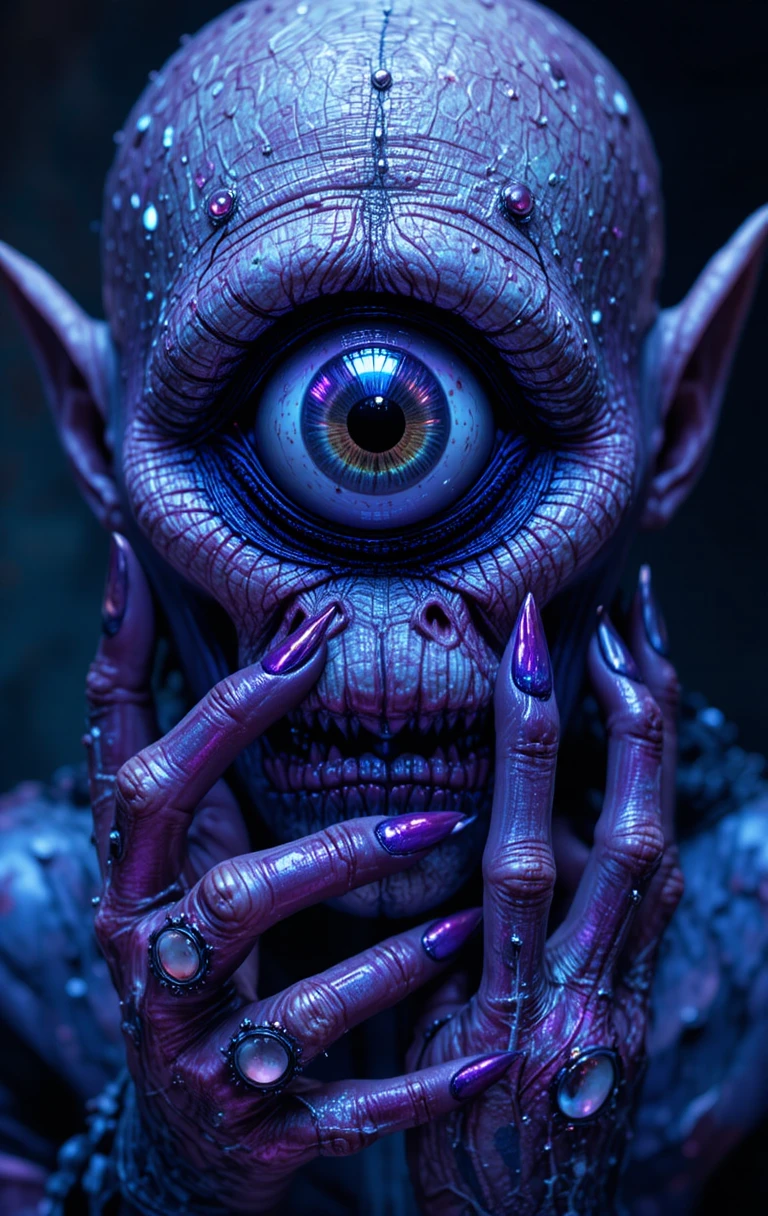 Una criatura de terror rococó con un ojo enorme y saliente y uñas afiladas