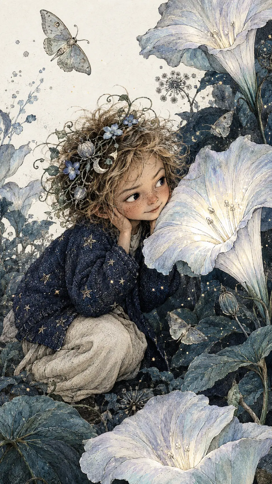 A woodland child listens beside a luminous moonflower in a field