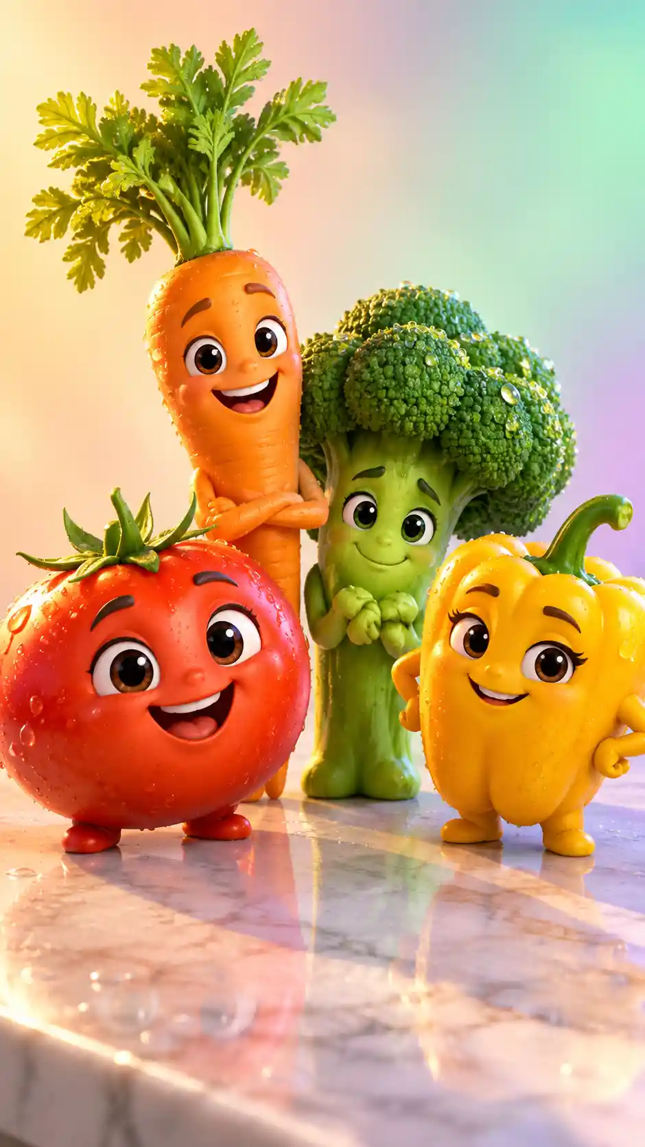 Four smiling vegetable characters gather on a white marble countertop