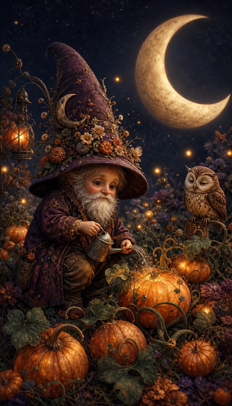 An elderly gardener tends glowing pumpkins beneath an enormous crescent moon