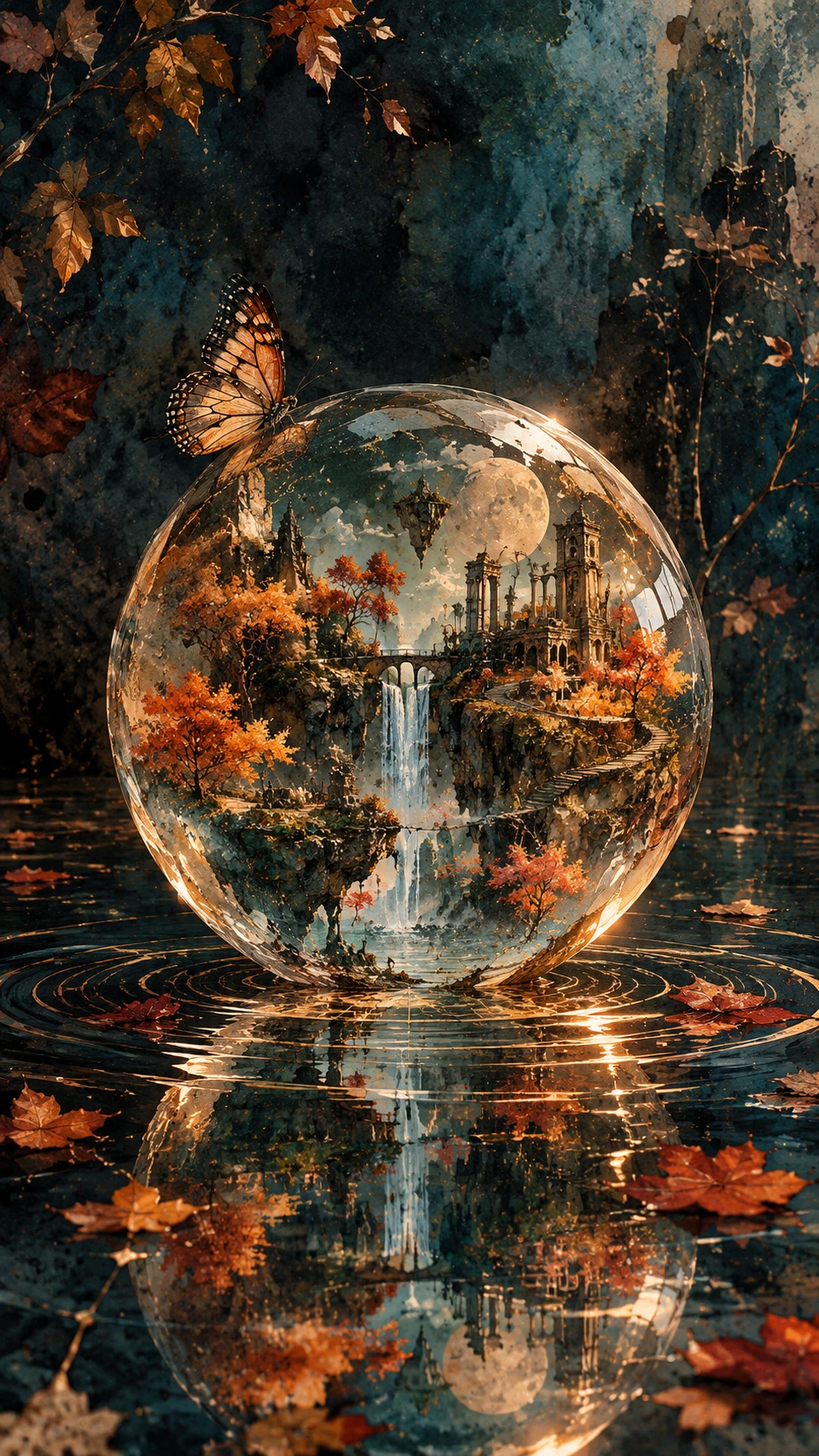 Una esfera de cristal guarda un pequeño mundo otoñal sobre aguas reflectantes