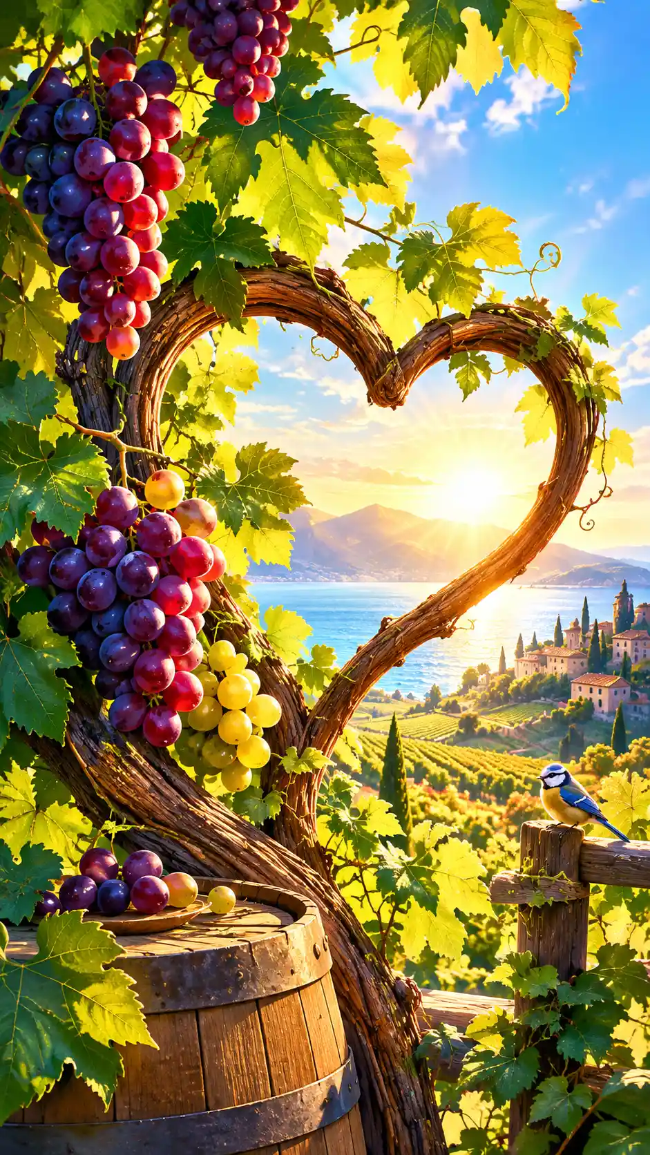 A Cheerful Digital Illustration of Grapes Growing Along a Sunlit Vine