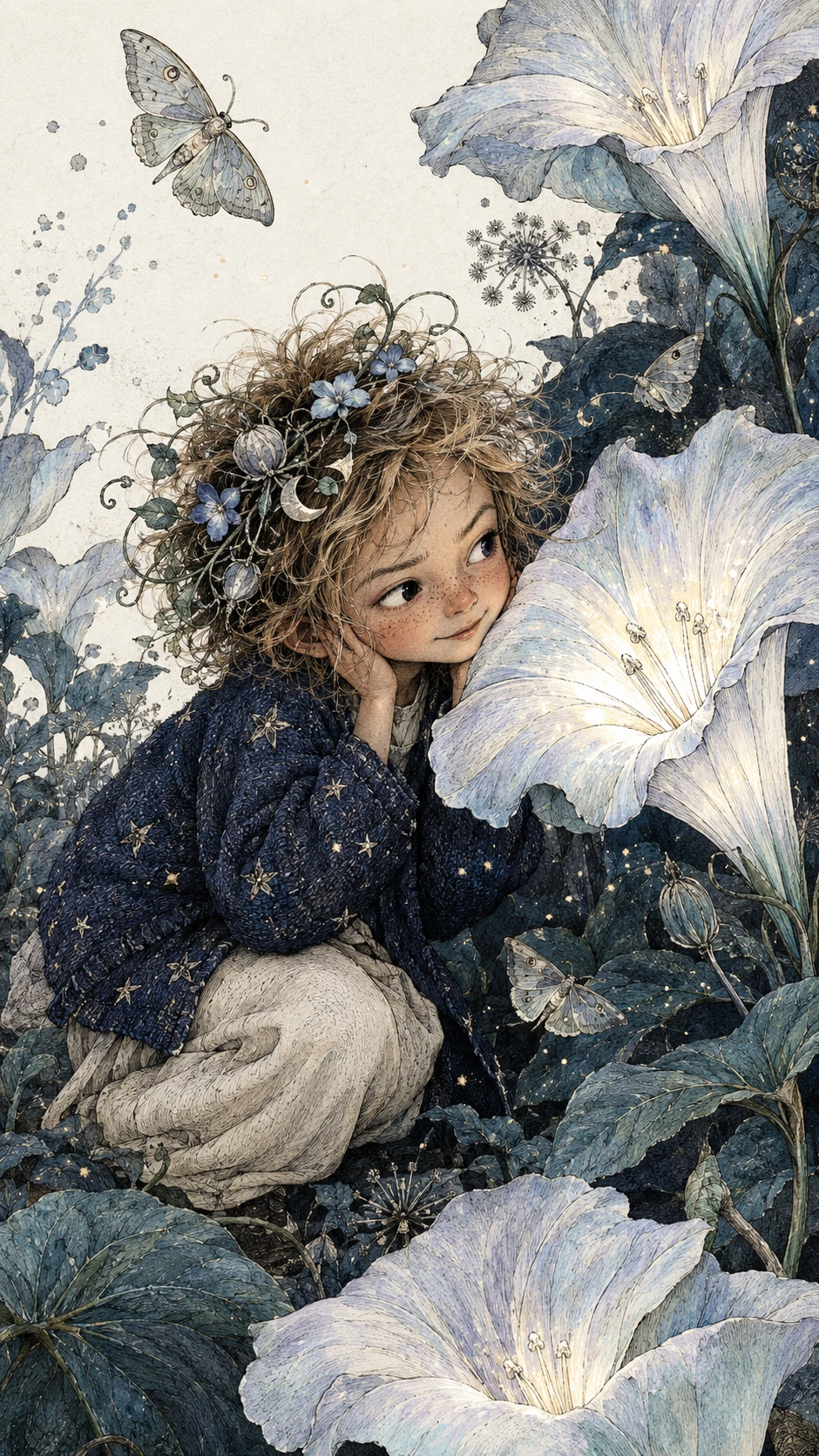 A woodland child listens beside a luminous moonflower in a field