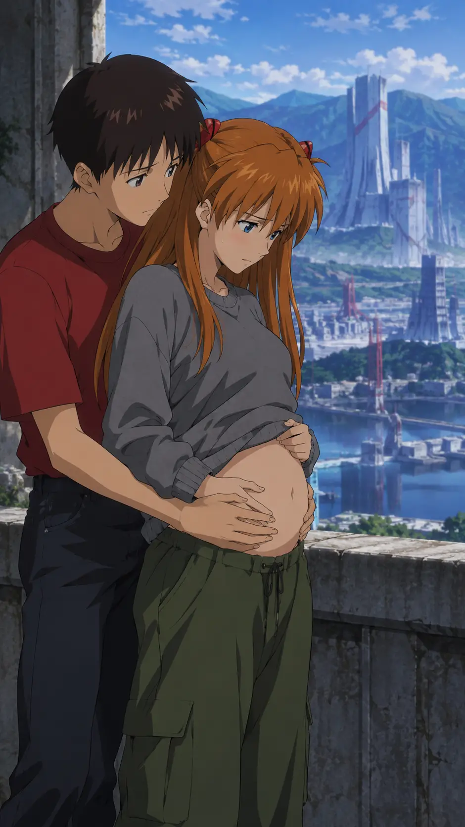 Eine besorgte Anime-Frau steht auf einem steinernen Balkon mit Blick auf Tokyo-3