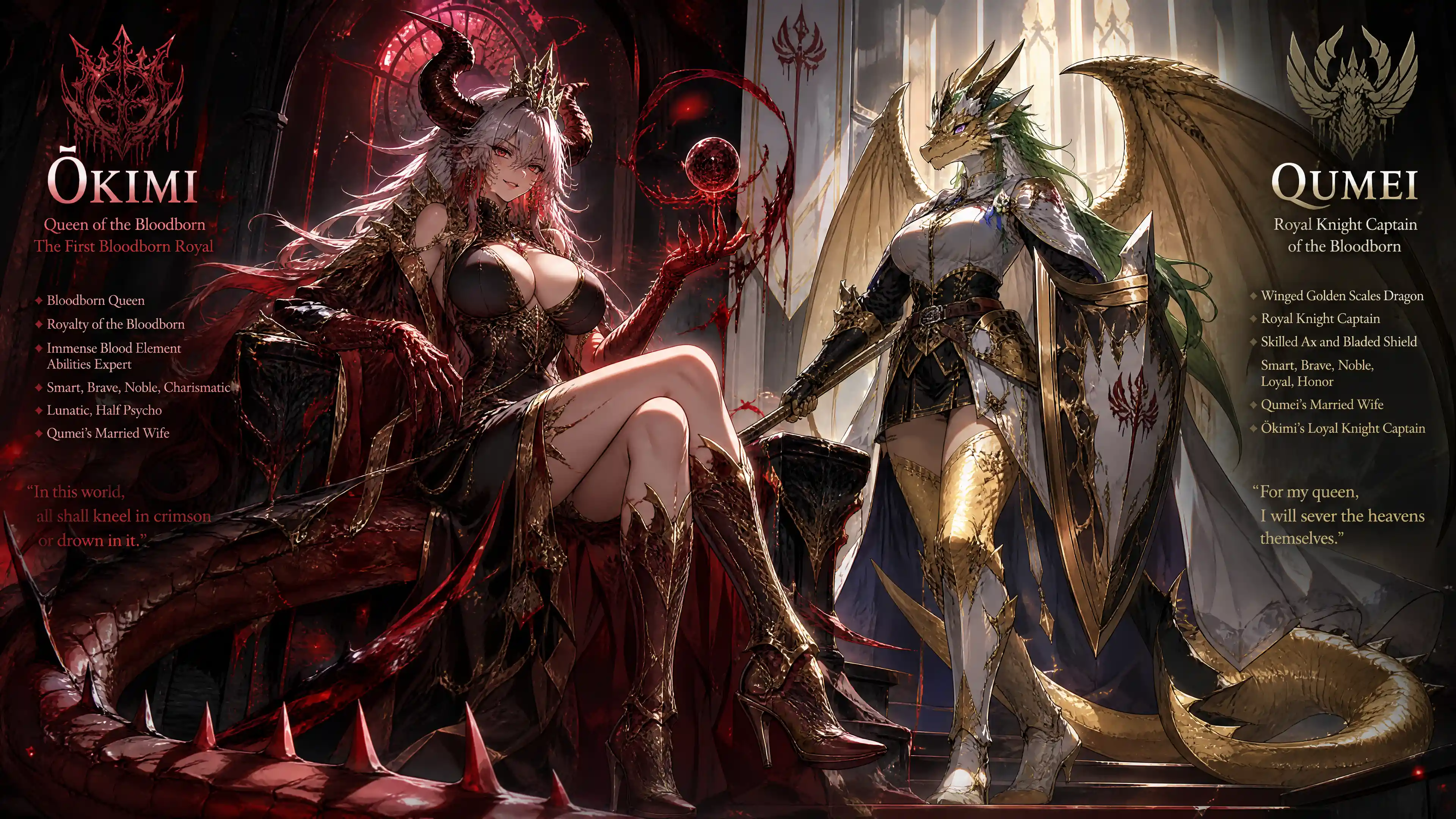 A crimson-haired dragon queen with horns, scarlet eyes, and a spiked tail