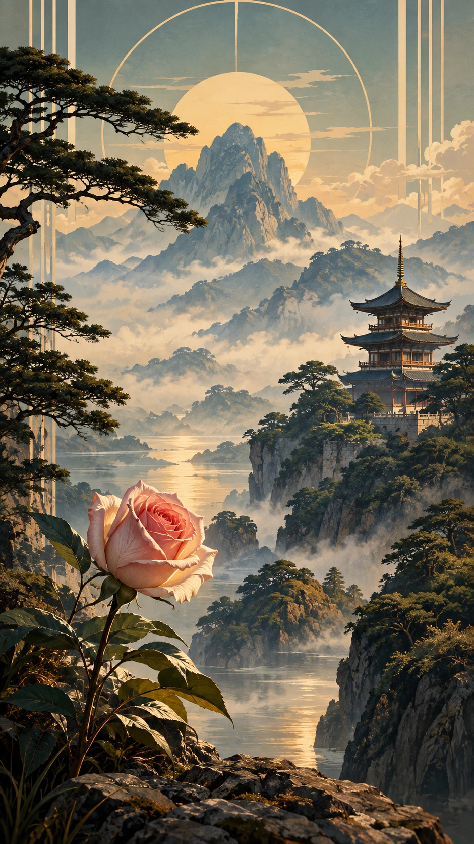 A Delicate Rose Frames Misty Mountains and a Traditional Pagoda