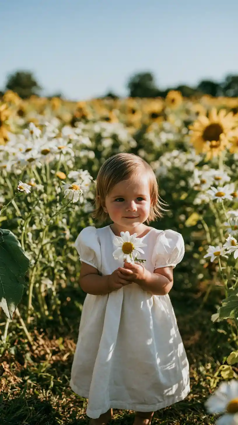 A one-year-old baby stands among sunflowers with a daisy near their face