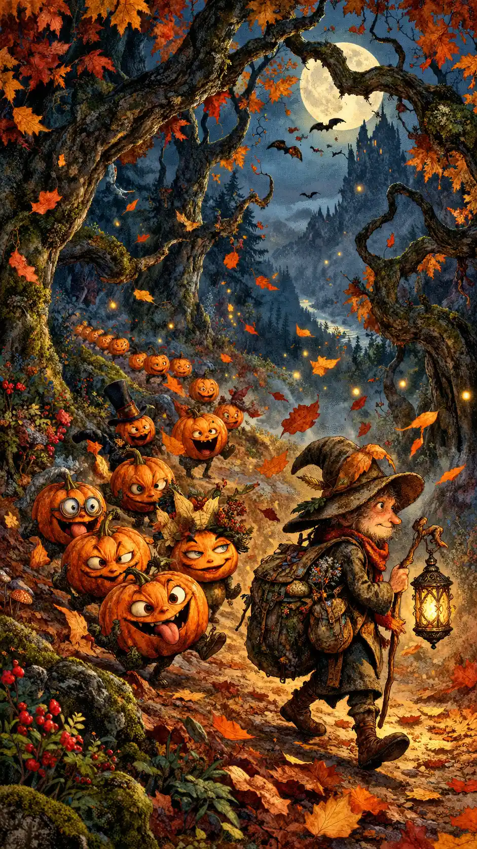 A woodland traveler walks home as mischievous miniature pumpkins follow
