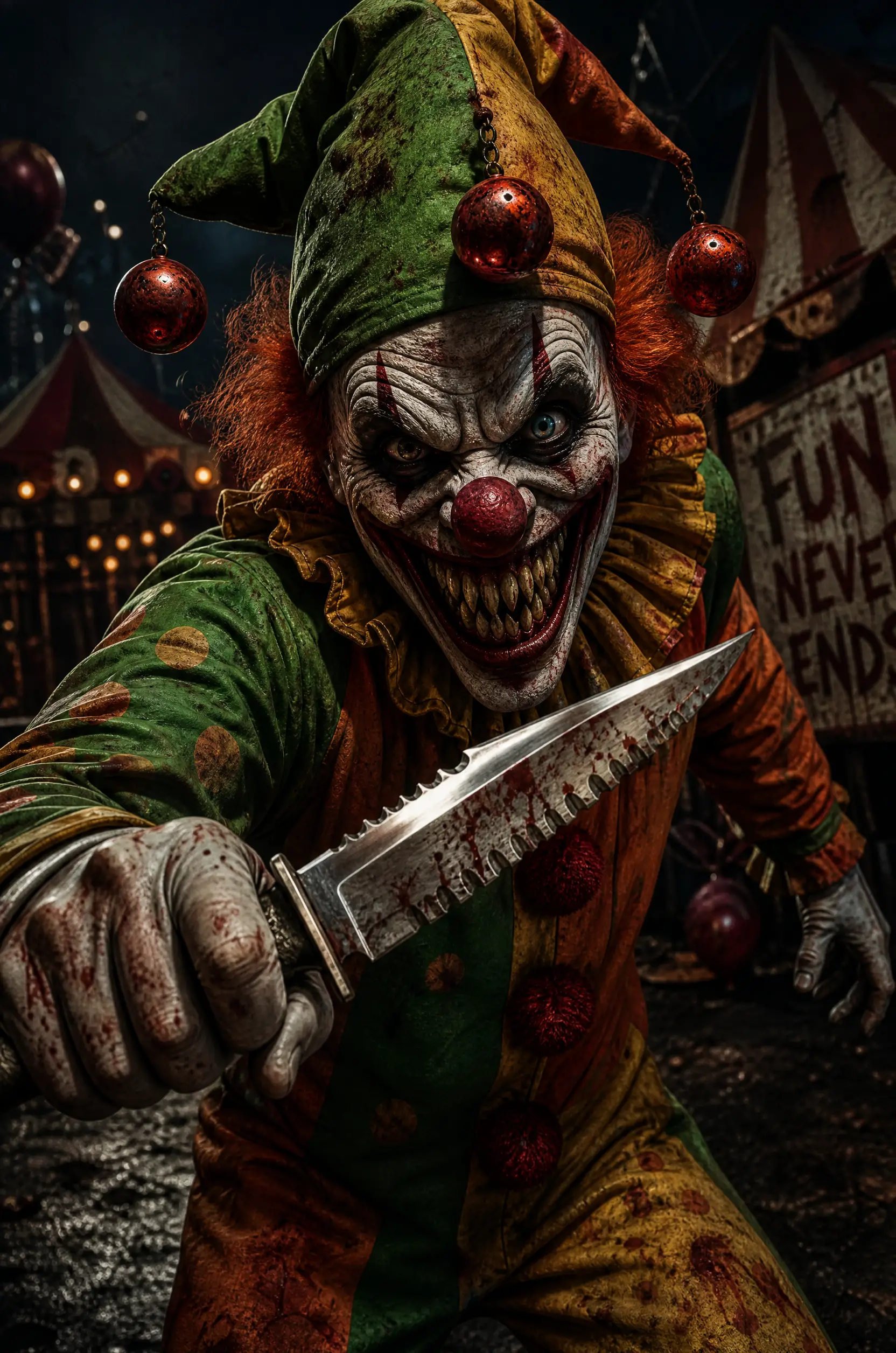 Un clown ghignante impugna un coltello seghettato in una posa minacciosa