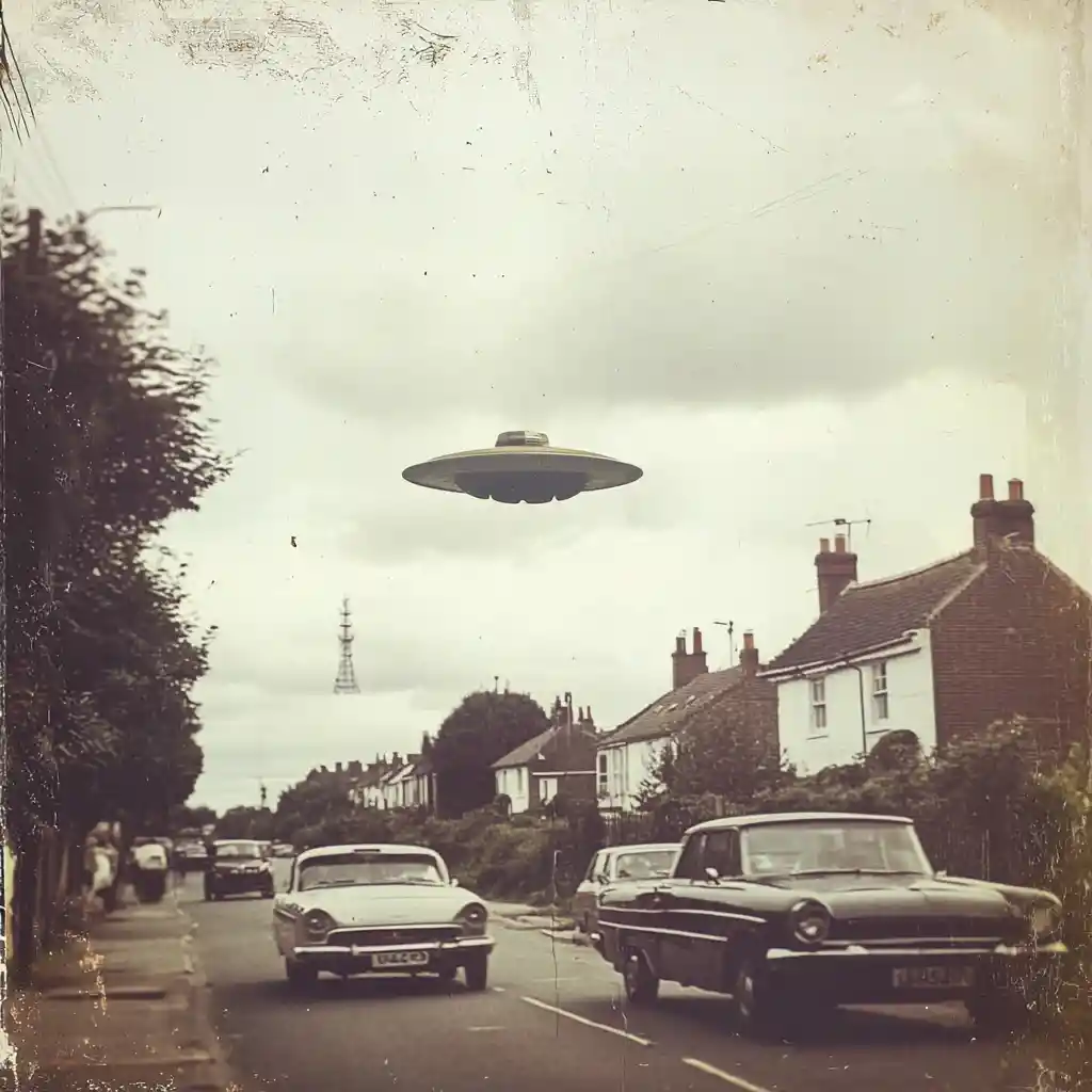 A vintage space opera cover framing a British postwar street scene