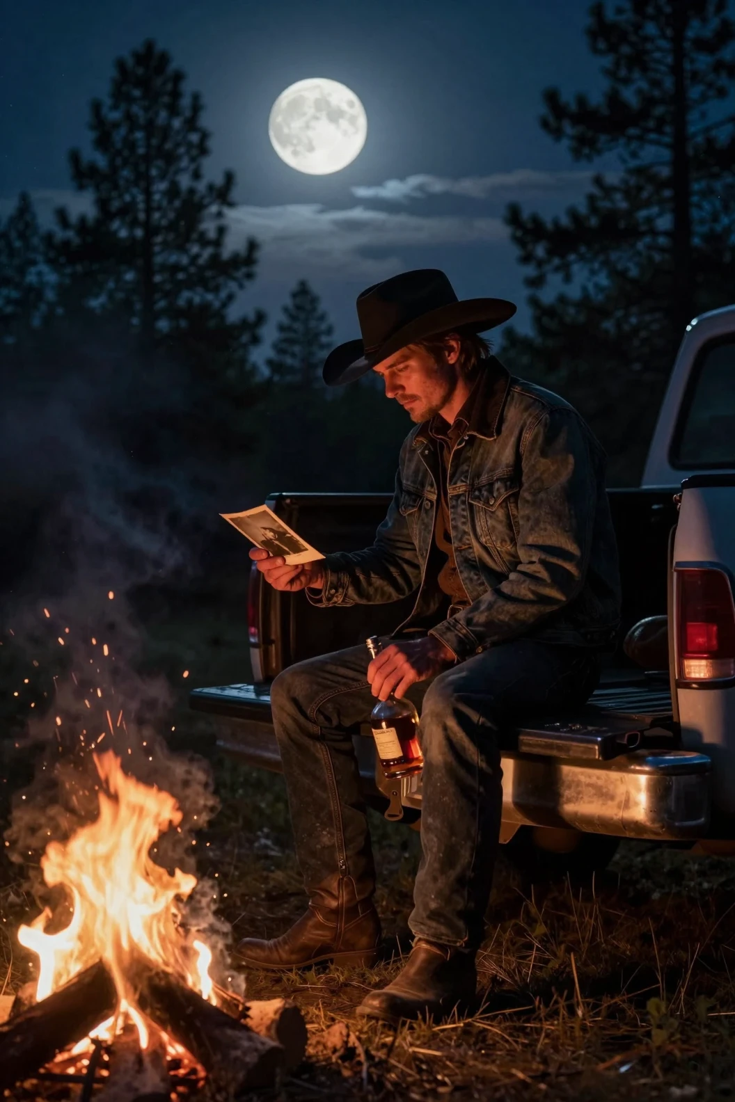 Un cowboy solitaire assis près d'un feu de camp dans une pinède