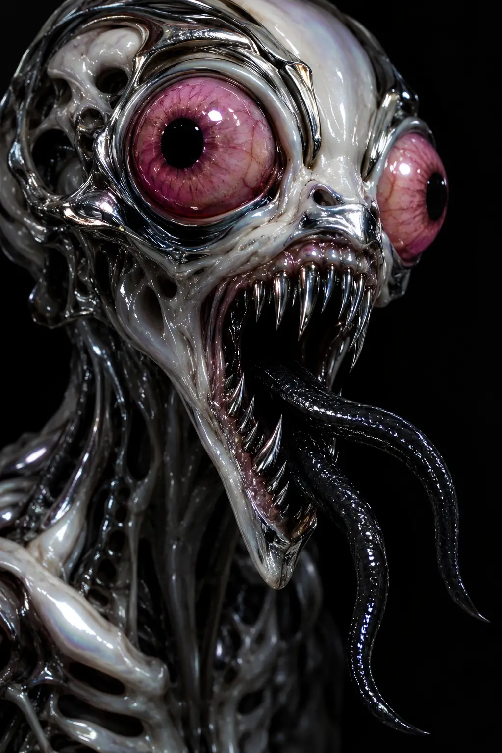 An Alien Monster With Giant Pink Eyes And Chrome Skin
