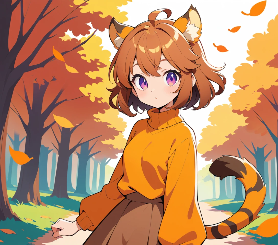 Una mujer de anime con orejas de tigre está de pie entre hojas caídas en un parque otoñal