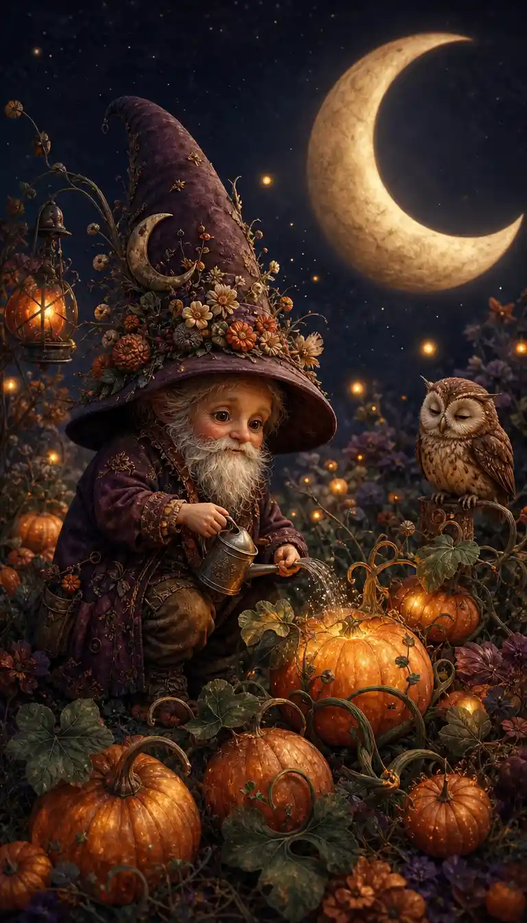 An elderly gardener tends glowing pumpkins beneath an enormous crescent moon