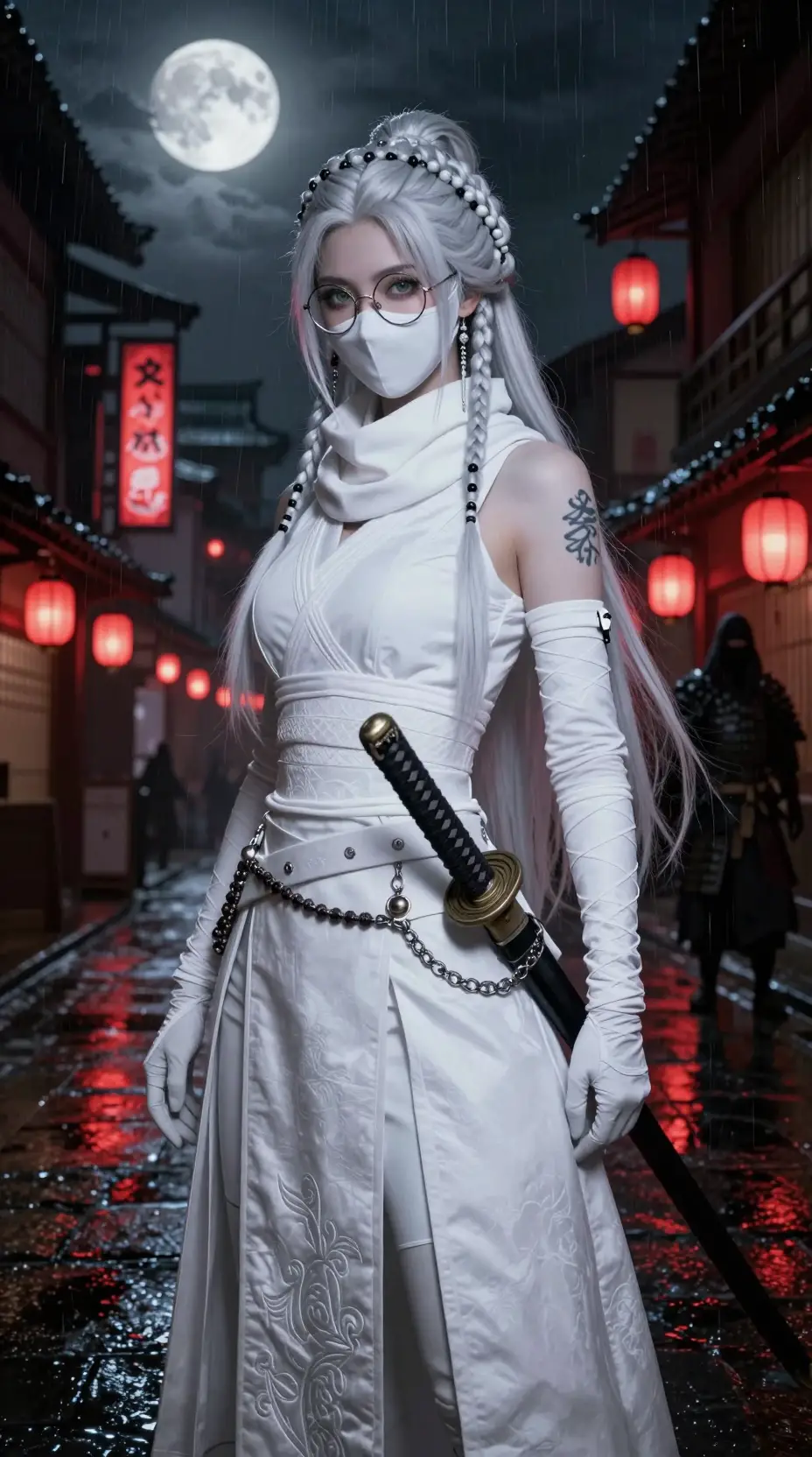 Un'elegante ninja si trova di notte in una città giapponese bagnata dalla pioggia