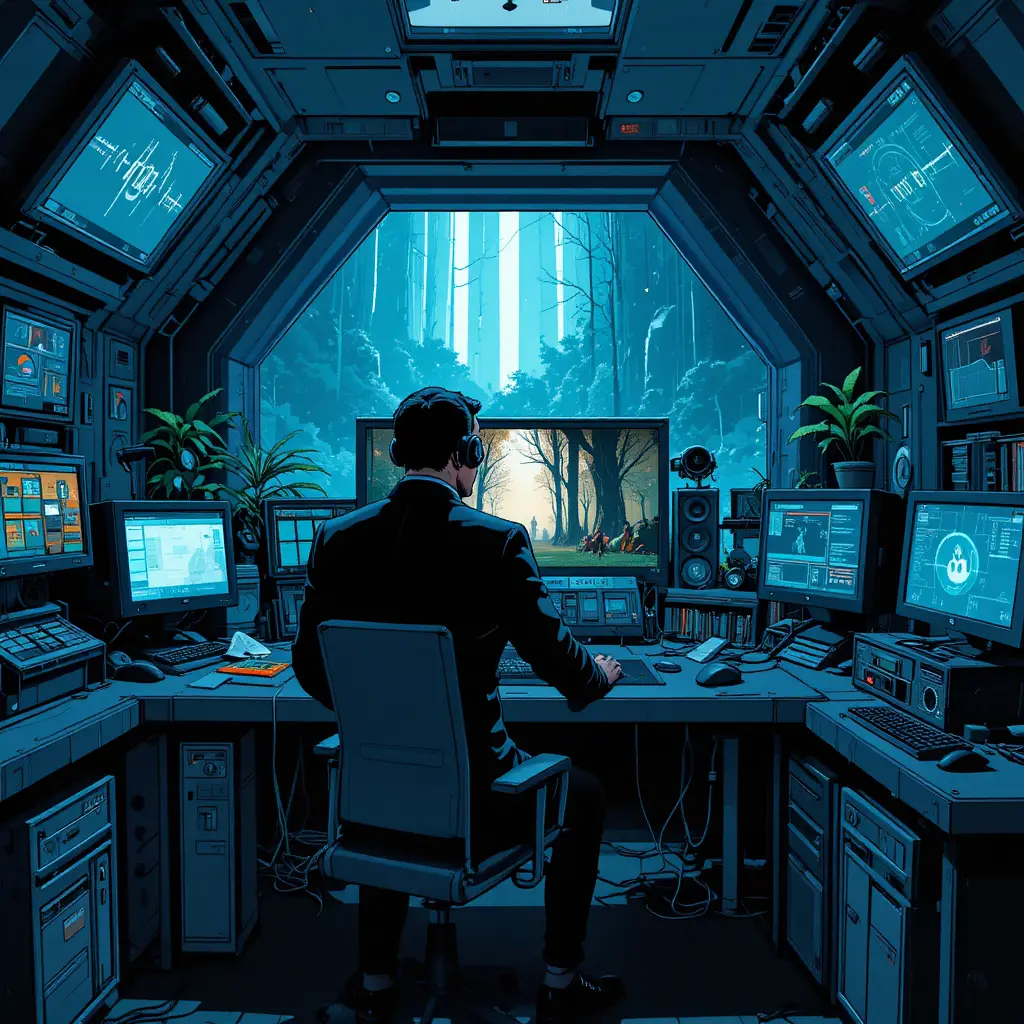 A man viewed from behind at a gaming computer in a control room