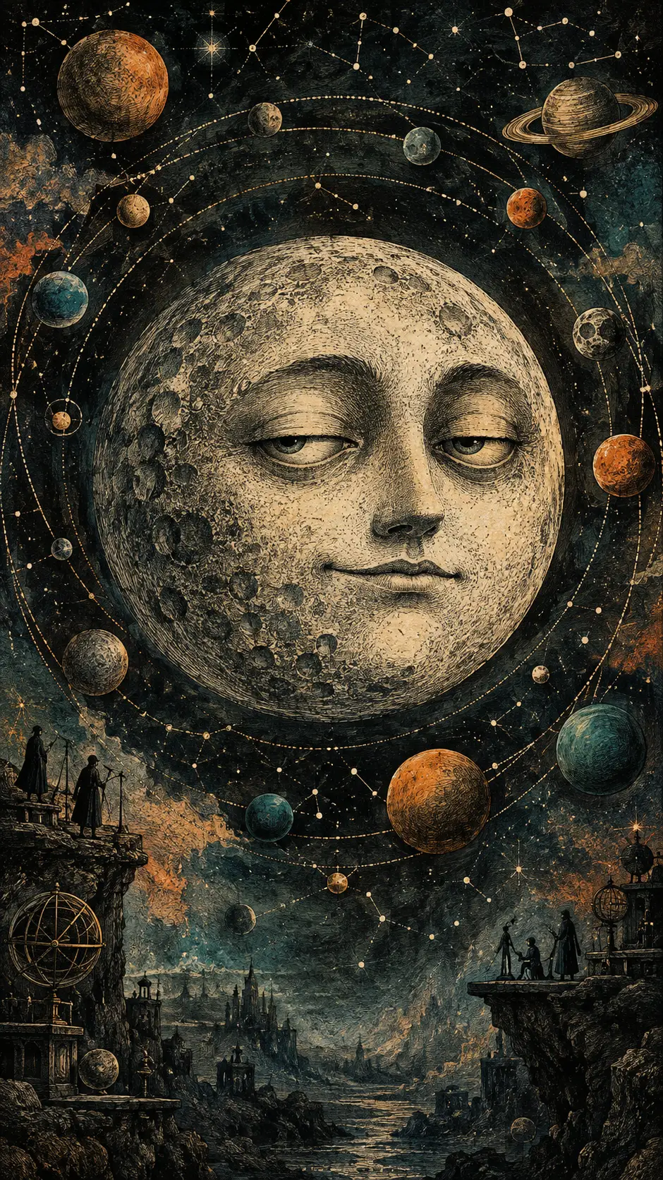An Unimpressed Anthropomorphic Moon Floats Among Miniature Planets in Darkness