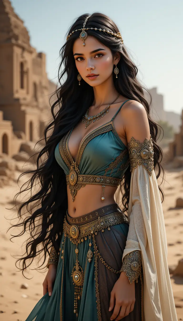 Princesa árabe de fantasía con atuendo antiguo ante ruinas del desierto
