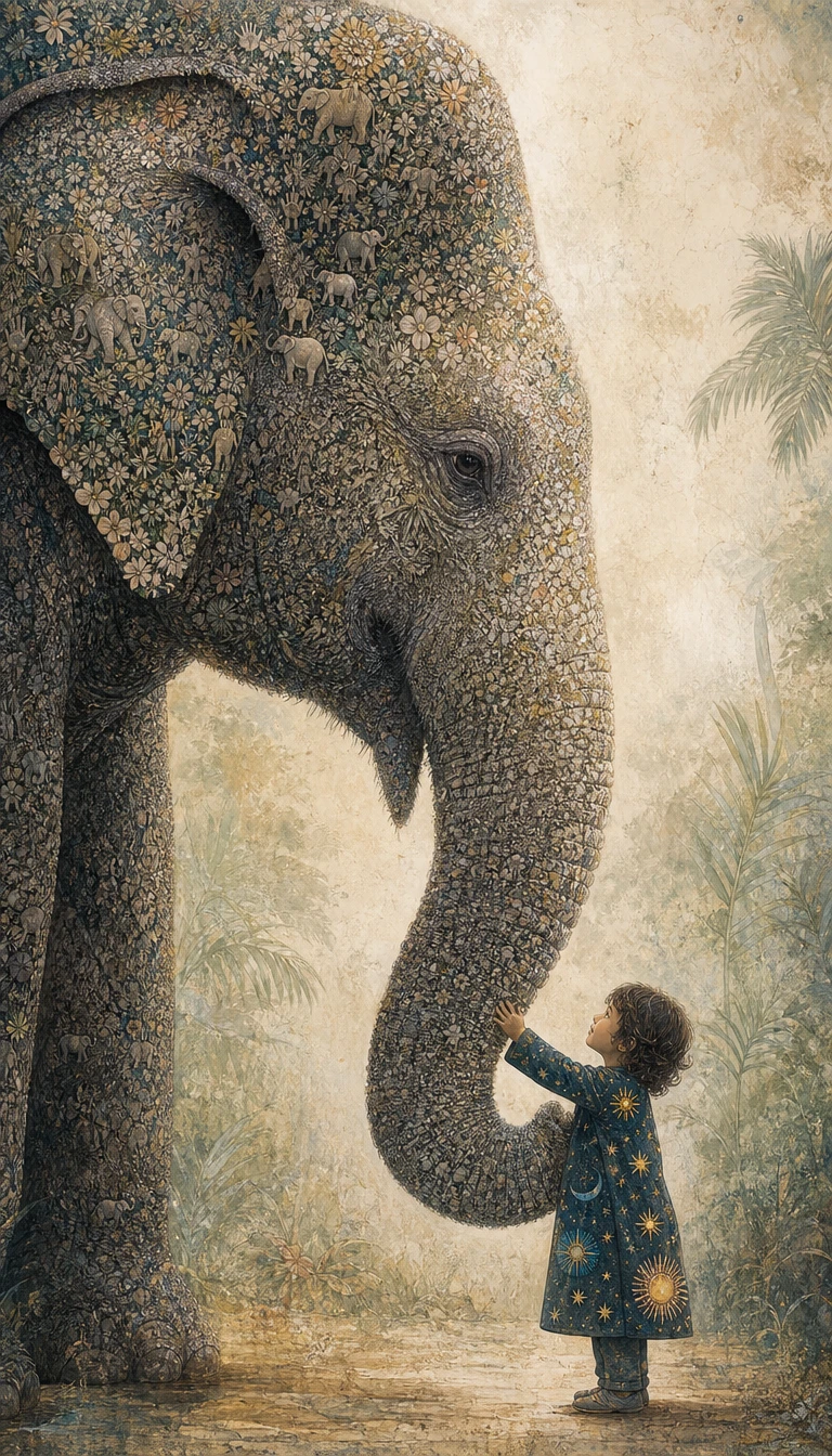 A giant elephant gently touches trunks with a tiny child