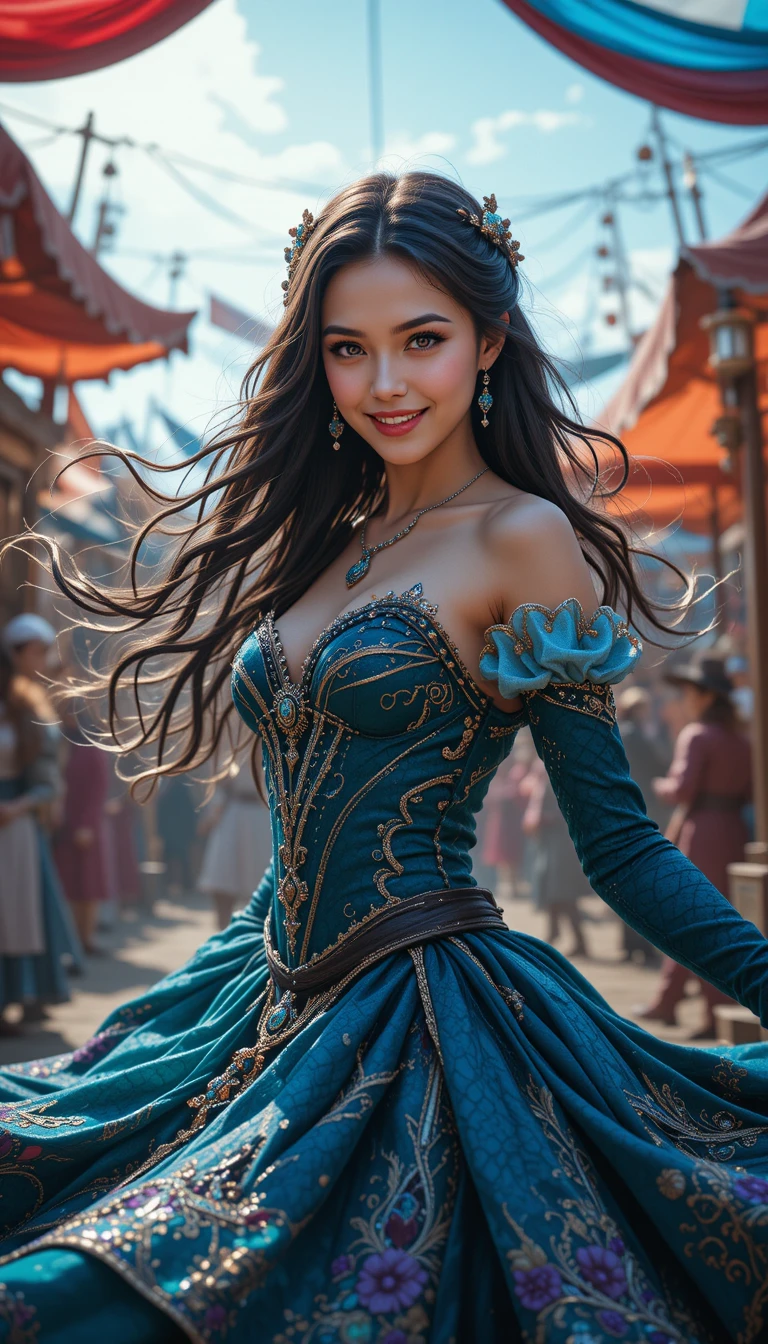 A medieval sorceress twirls among patterned tents at a bustling fair
