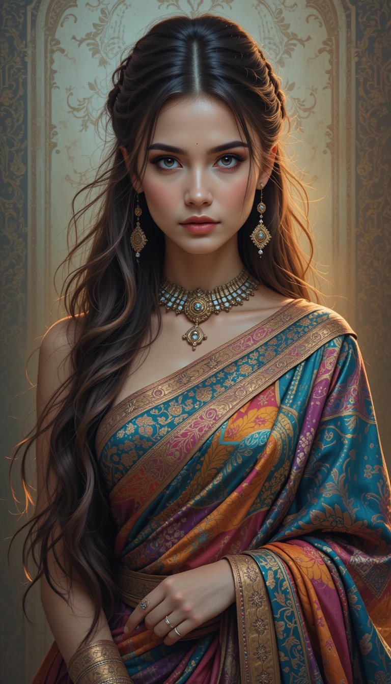 A Fantasy Viking Woman Wearing a Vibrant Patterned Saree