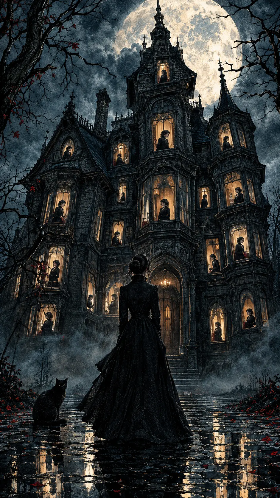 A woman stands before an abandoned Victorian mansion beneath a clouded moon