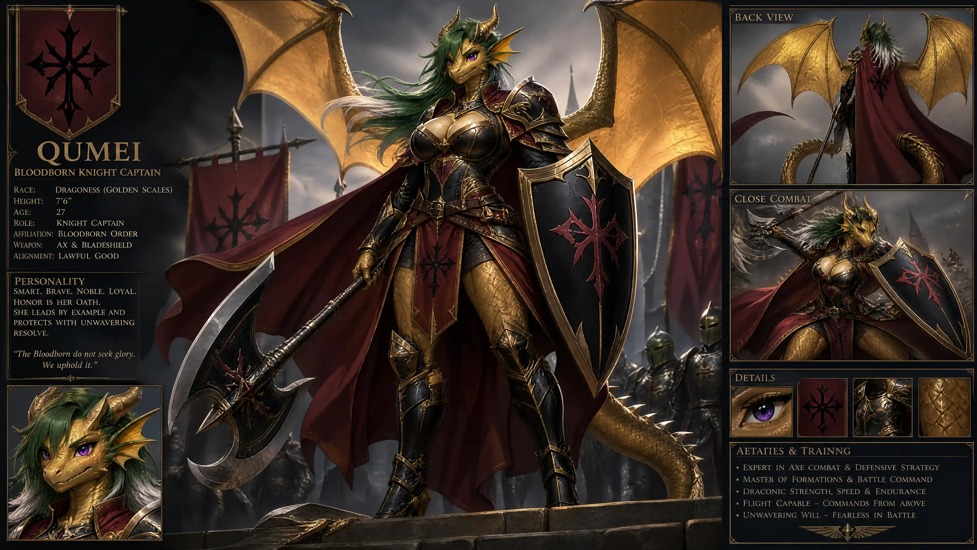 A winged dragon knight with green hair and sapphire eyes