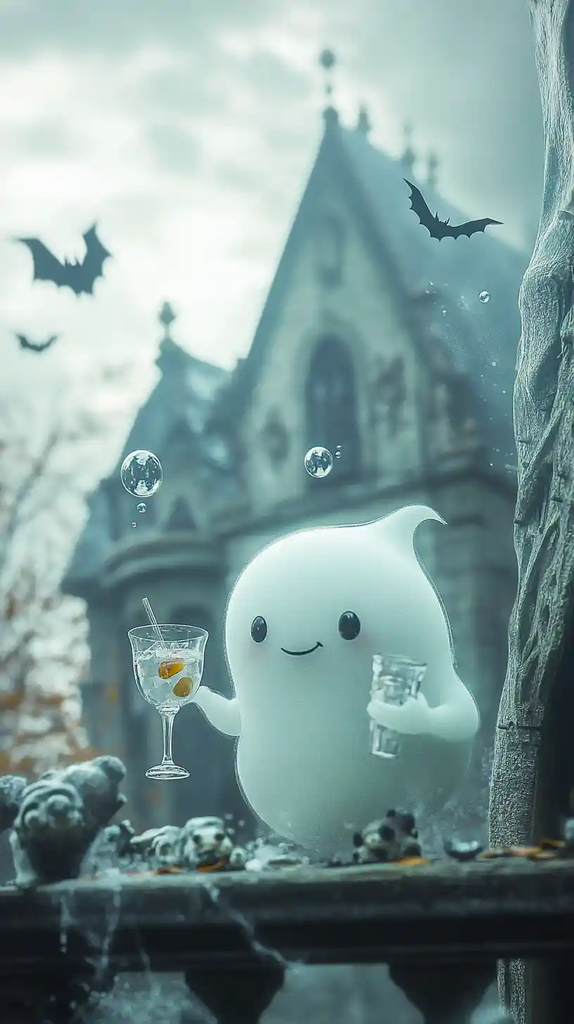 A playful white ghost enjoys a glass with whimsical cartoon charm