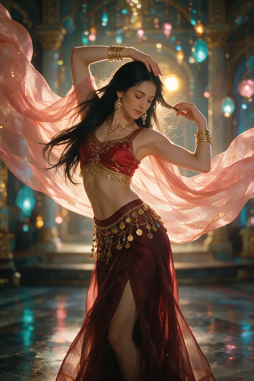 An adult dancer holds a graceful pose in a luminous palace interior