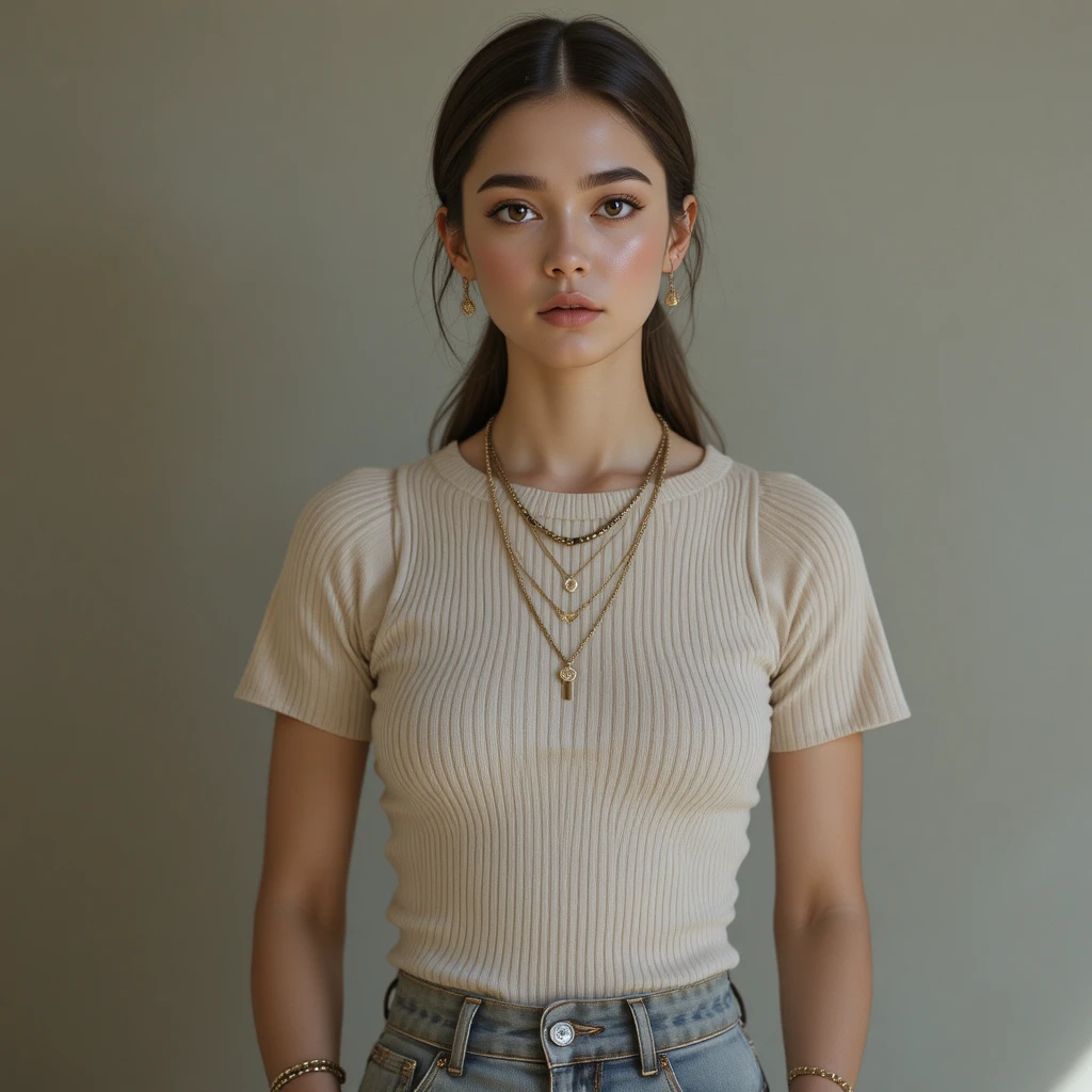 A fashionable woman poses in layered jewelry and an ivory ribbed top