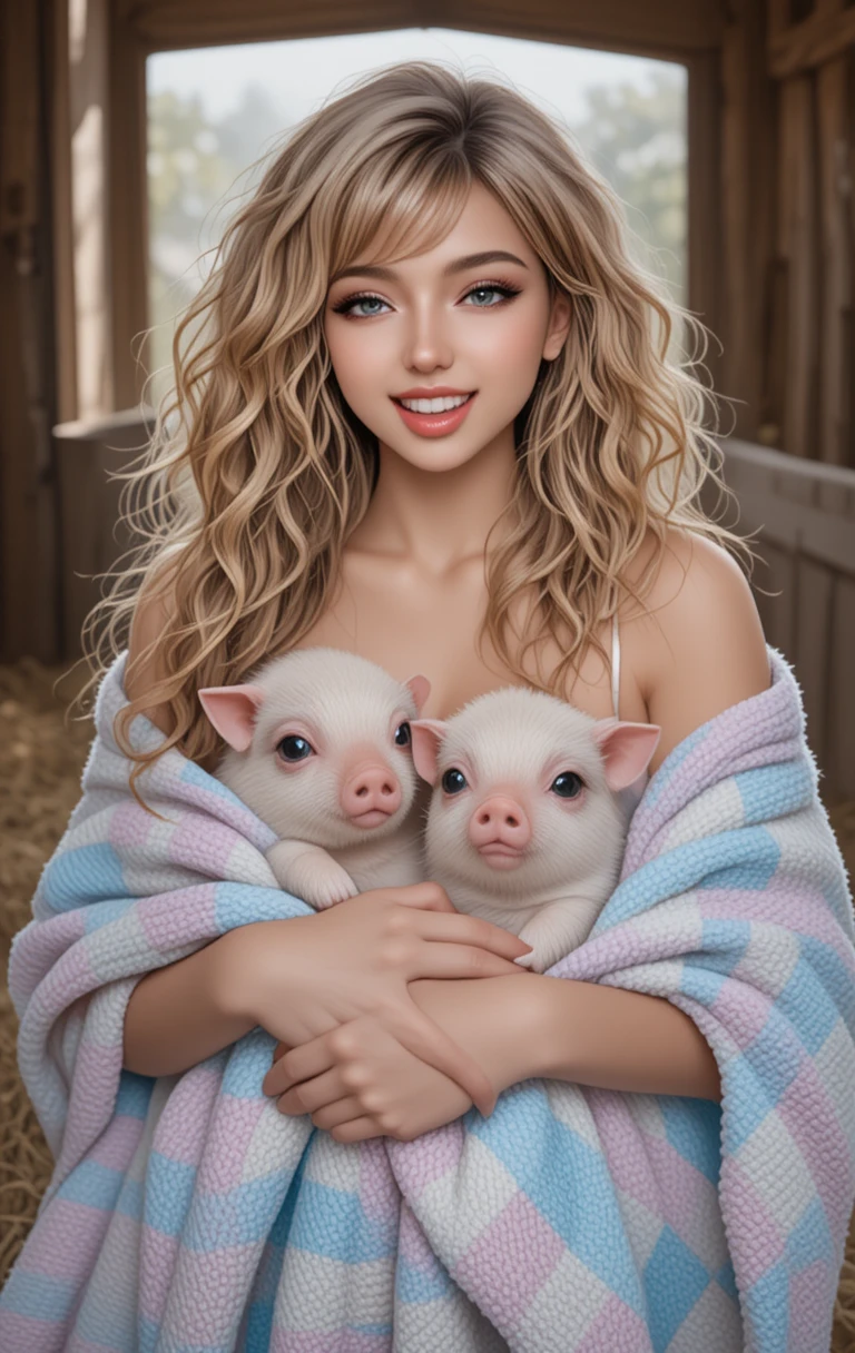A Woman Cradles Two Piglets in a Pastel Checkered Blanket